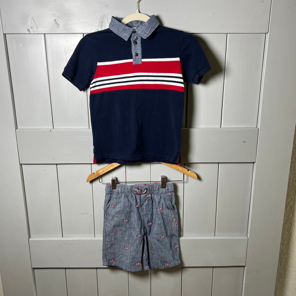 Gymboree Red White Blue Flag Shirt and‎ Chambray Short Set Size 6